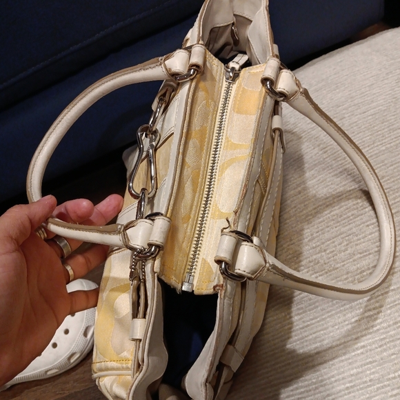 Coach Hampton Optic Signature Stripe Yellow White Double Handle Shoulder Bag - Picture 5 of 7